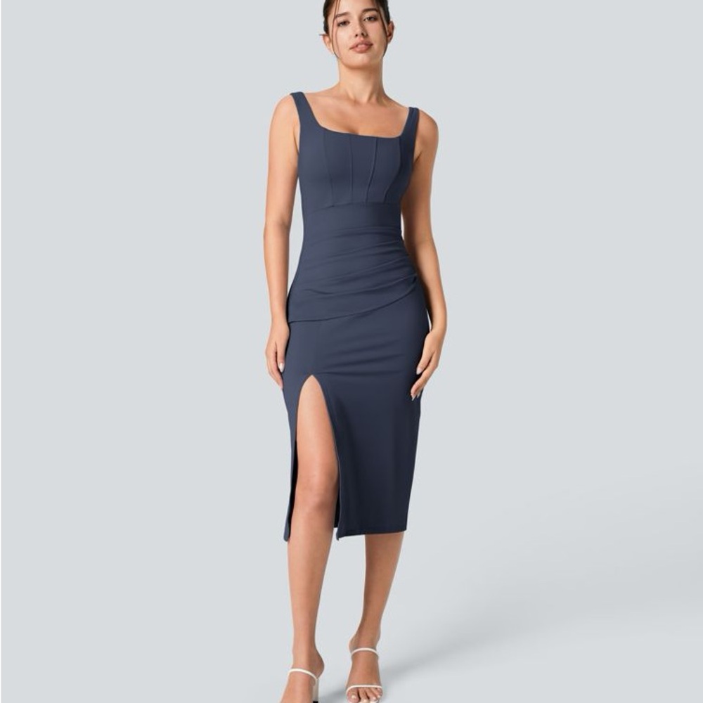 HALARA Navy Midi Dress with Slit